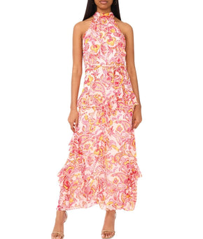 CeCe Women's Printed Sleeveless Tiered-Ruffle-Trim Dress Pink Ivory Size 8 $119