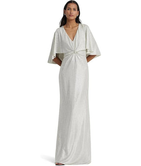 Lauren Ralph Lauren Dress Womens Size 4 Silver Metallic Cape Maxi Gown $295