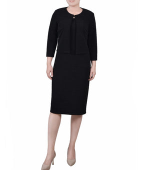NY Collection Petite Textured 3/4 Sleeve Two Piece Dress Set Black Size 4P