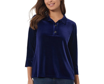 Jones New York Stretch Velour 3/4 Sleeve Popover Collar Top Blue Size M $90
