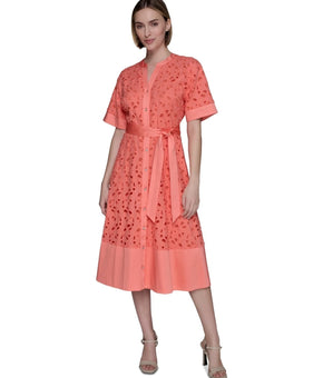 KARL LAGERFELD PARIS Women's Eyelet Cotton A-Line Shirtdress Size 8 Orange $199