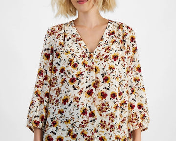 Jones New York Petite 3/4-Sleeve Floral-Print Kelly Blouse Beige Size PS MSRP$70