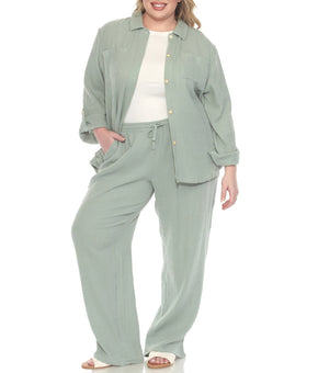 White Mark Plus Size 3X Long Sleeve Button Down+Pants Cotton Gauze Set Green $92