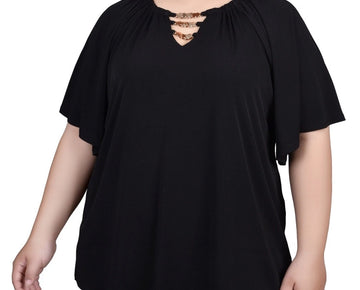 NY Collection Plus Size 1X Raglan Sleeve Top with Chain Details Black