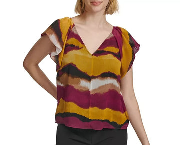 Calvin Klein Womens Printed Short-Sleeve Red Yellow Size XS MSRP $70