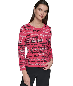 KARL LAGERFELD Women Knit Cotton/Modal Allover Script Sweater Pink Size XS $129