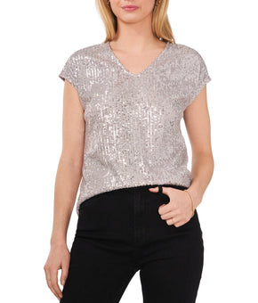 Vince Camuto SILVER Women's Sequined Dolman Sleeve V-Neck Blouse, Size S