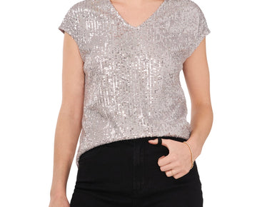 Vince Camuto SILVER Women's Sequined Dolman Sleeve V-Neck Blouse, Size S