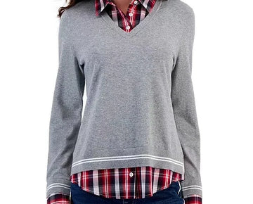 Tommy Hilfiger Women's Layered-Look V-Neck Sweater Gray Size XXL MSRP $70