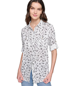 Karl Lagerfeld Paris Shirt Womens Size S White Graphic Tunic Button-Up $79