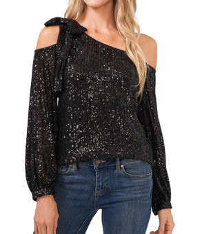 CeCe womens One Shoulder Bow Blouse, m, Black