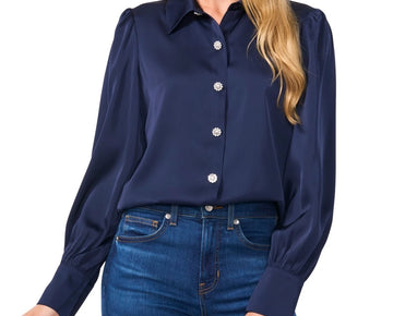 CeCe Women's Rhinestone-Button Blouse Blue Navy Size XL MSRP $89