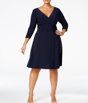 NY COLLECTION WOMAN Womens Navy Ruched 3/4 Sleeve V Neck Dress Plus 3X