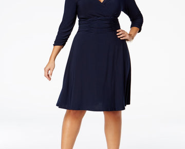 NY COLLECTION WOMAN Womens Navy Ruched 3/4 Sleeve V Neck Dress Plus 3X