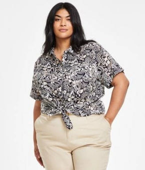 Tommy Hilfiger Plus Size 3X Cotton Cuffed-Sleeve Sky Captain Beige Black $70