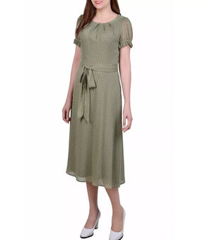 NY Collection Dress Women Petite Size PXL Green Dot Belted Midi Chiffon Lined$52