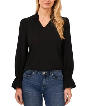 CeCe NWT Women's V-Neck Long Sleeve Ruffle Trim Blouse Black Size XS SALE $69