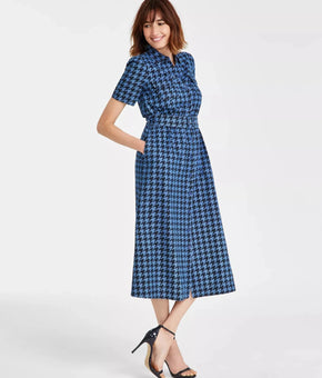 Anne Klein Houndstooth Camp-Pocket Cotton Midi Dress Blue Size XL MSRP $139