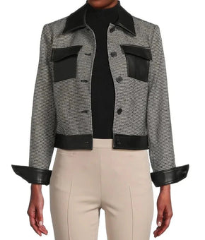 DKNY Houndstooth Faux Leather Trim Jacket Black Women Size 12 MSRP $159 Black