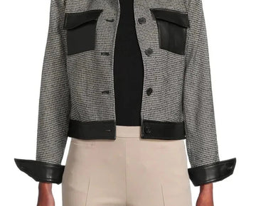 DKNY Houndstooth Faux Leather Trim Jacket Black Women Size 16 MSRP $159 Black