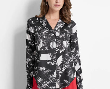DKNY Women Printed Button-Front Long-Sleeve Satin Blouse Black Size XL MSRP $79