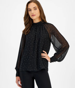 Anne Klein Blouse Womens Size L Black Polka Dot Mock Neck Balloon Sleeve $99
