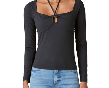 Lucky Brand Women's Ribbed Keyhole-Cutout Long-Sleeve Top Dark Gray Size L $60