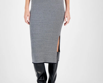 Anne Klein Women's Sweater-Knit Skirt Side-Slit Midi Skirt Gray Size S MSRP $99