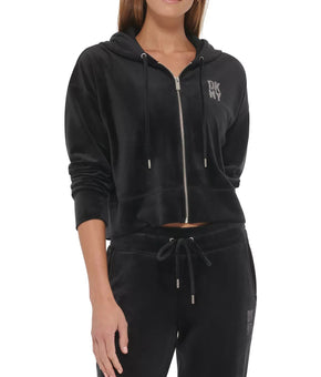 Dkny Sport Women Velour rhinestones Logo Zip-Up Hoodie Black Size S MSRP $80