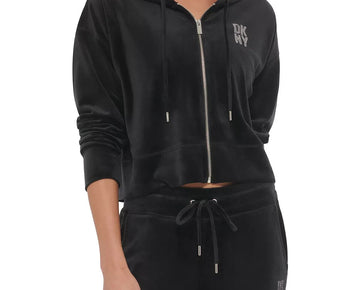 Dkny Sport Women Velour rhinestones Logo Zip-Up Hoodie Black Size S MSRP $80