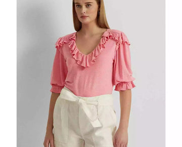 Lauren Ralph Lauren Women Ruffle-Trim Jersey Top Poolside Rose Pink Size XL $115