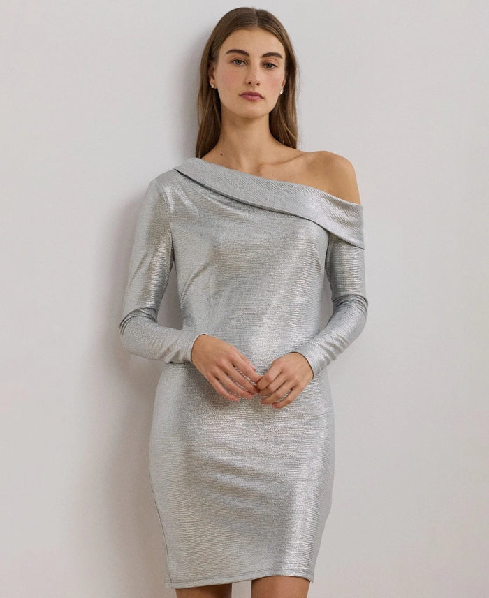 Lauren Ralph Lauren Metallic Off-the-Shoulder Cocktail Dress Silver Si