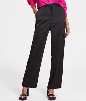 DKNY Jeans Women's Stretch Satin Cargo Wide-Leg Pants Black Size 12 MSRP $89