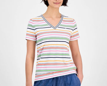 Nautica Jeans Women's Striped V-Neck T-Shirt White Size XS