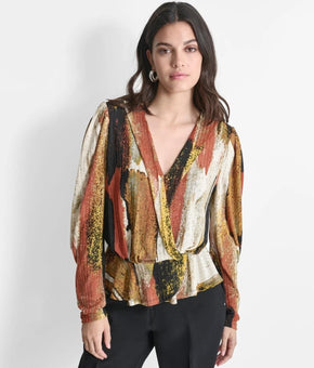DKNY Blouse Womens Size M Multicolor Paint Stroke V-Neck Balloon Sleeve $89