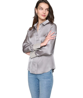 KARL LAGERFELD PARIS Women's Rhinestone-Cuff Button-Down Top Gray Size XL $109
