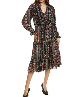 T Tahari NWT Women's Tiered Long Sleeve Midi Dress Size M Black $148