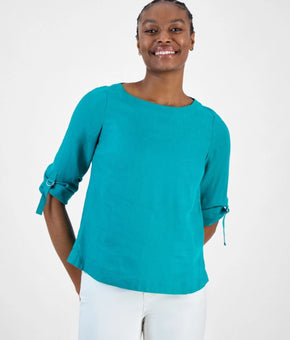 Charter Club Women's 100% Linen 3/4-sleeves with D-Ring Top Green Size XS $70