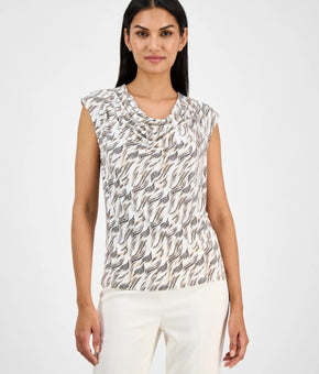 Anne Klein Women's Printed Cowl Neck Cap-Sleeve Top White Brown Size L MSRP $59