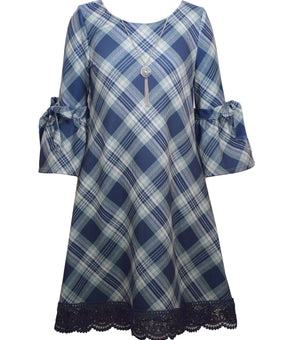 Bonnie Jean Bell Sleeve Plaid Blue Dress with Necklace Girls Size 16 MSRP $60