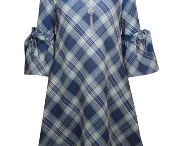 Bonnie Jean Bell Sleeve Plaid Blue Dress with Necklace Girls Size 16 MSRP $60