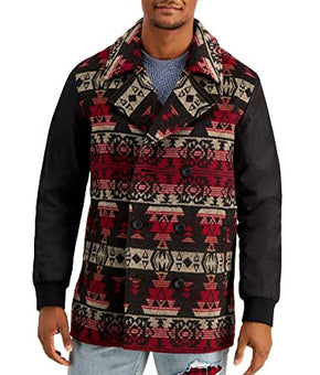 Sun Stone Mens Coat Small Pea-Coat Tribal Geomatric Print Red Size S