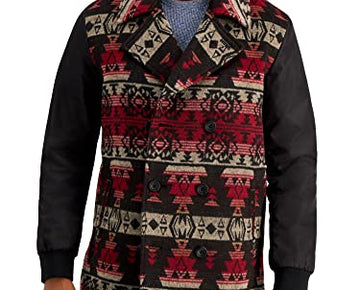 Sun Stone Mens Coat Small Pea-Coat Jacket Tribal Geomatric Print Red Size S
