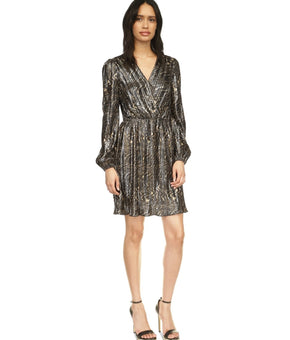 Michael Kors Women's Pleated Metallic Fit & Flare Dress Black Size L MSRP $175