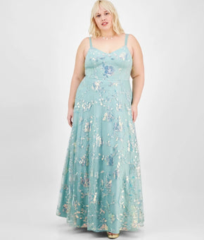 Say Yes Trendy Plus Size 16W Sequined Embroidered Ball Gown Green MSRP $229