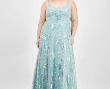 Say Yes Trendy Plus Size 16W Sequined Embroidered Ball Gown Green MSRP $229