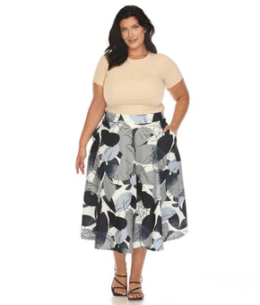 White Mark Leaf Vintage Flared Midi Skirt Polyester Plus Size 3X Blue Gray $70