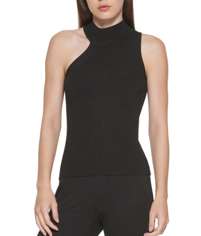 DKNY Sweater Womens Size L Black Asymmetric One Shoulder Mock Neck Top $69