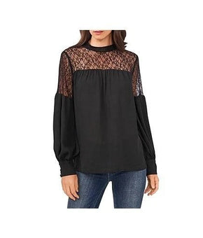 Vince Camuto Blouse Womens Size S Black Sheer Lace Mock Neck Balloon Sleeve $89
