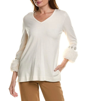 Anne Klein womens Embellished V-Neck Sweater, White Size L MSRP $129